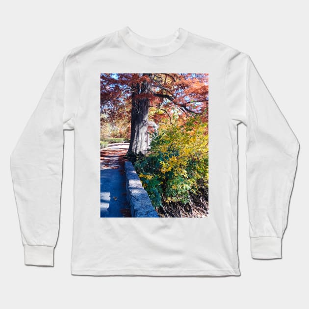 HIDDEN TEMPLE Red Tree Autumn Stone Bridge Leaves orange and green nature pretty delicate foliage Long Sleeve T-Shirt by sandpaperdaisy